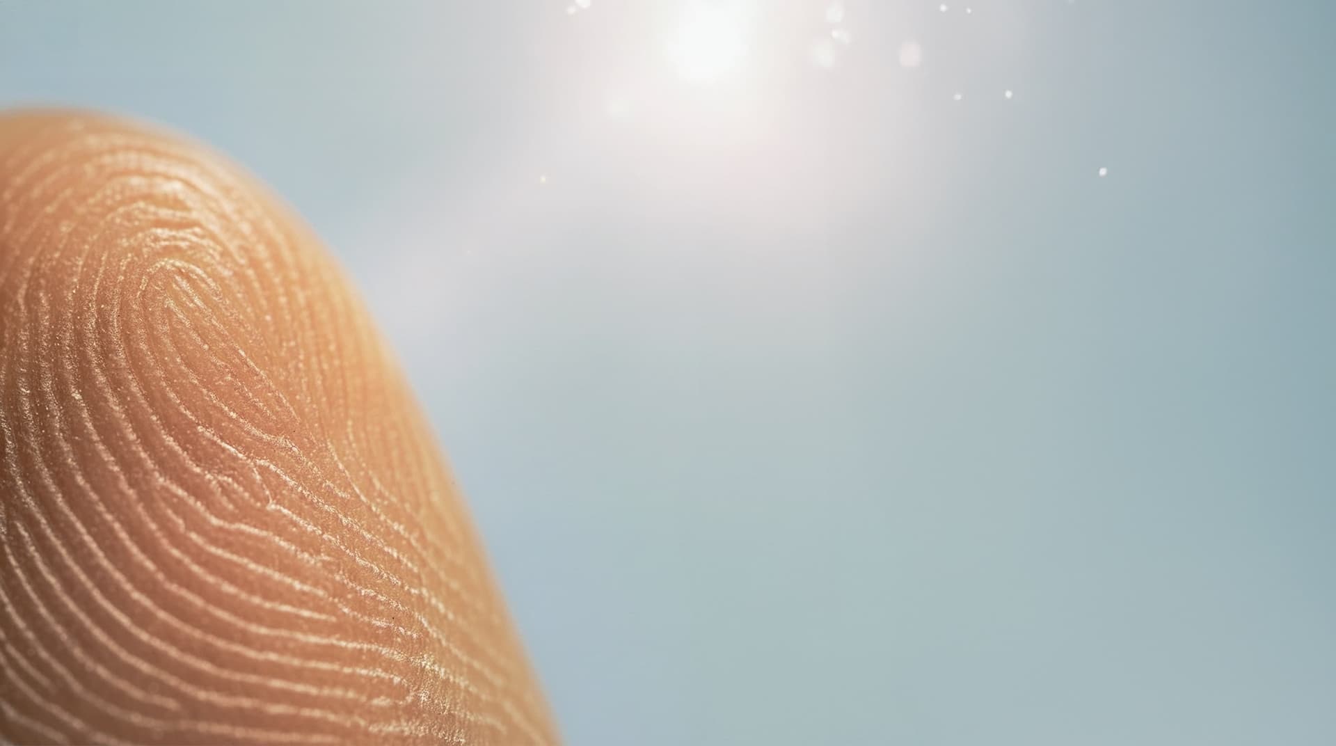Close-up of a fingertip with distinct fingerprint ridges against a bright, sunlit sky.
