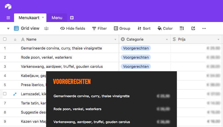 Screenshot van voorgerechten in Airtable