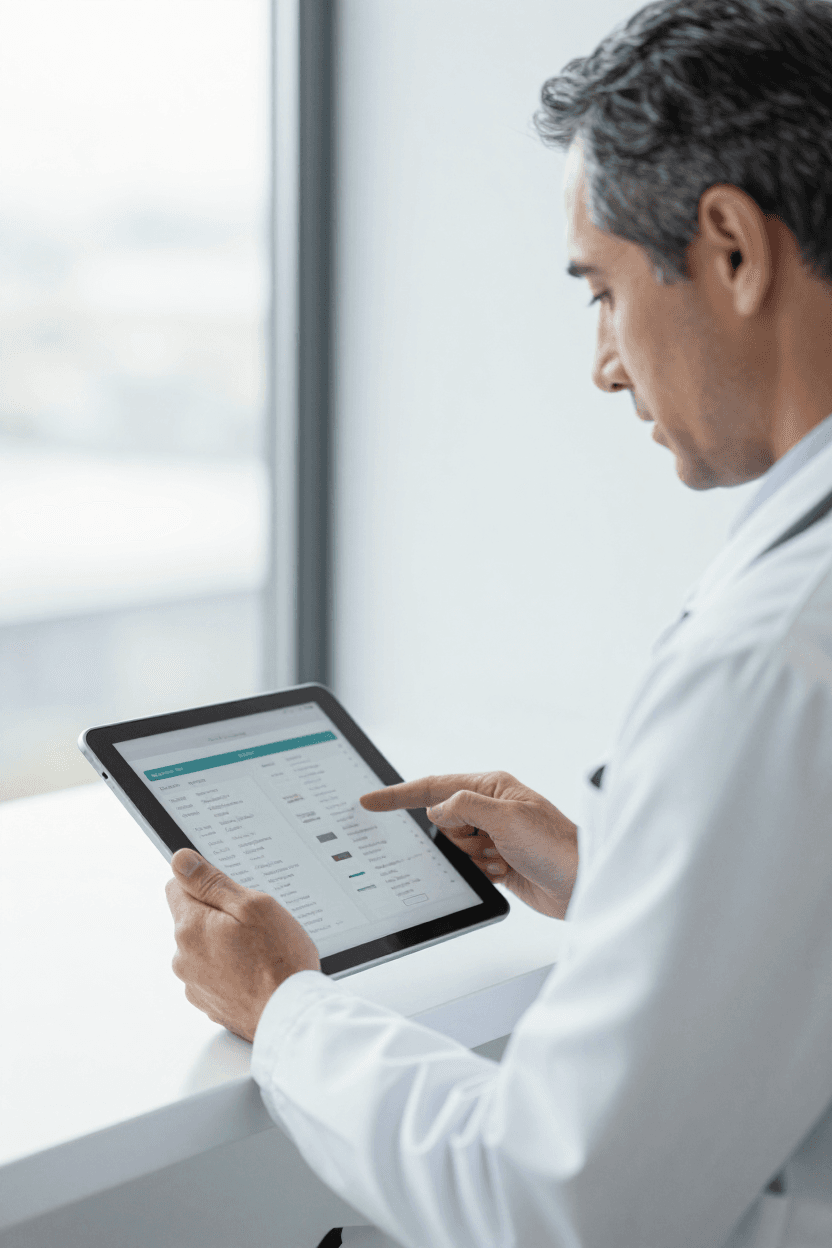 Doctor in a white coat using a tablet near a window, reviewing medical data on the screen.