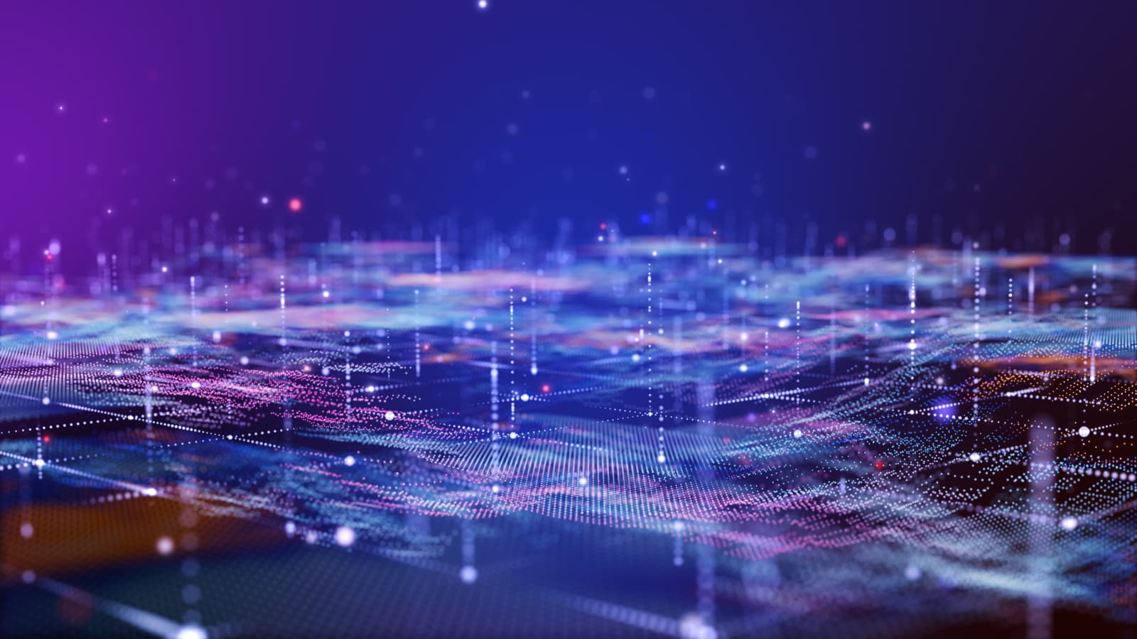 Abstract digital landscape with glowing lines and dots, resembling a futuristic network or data visualization on a dark background.