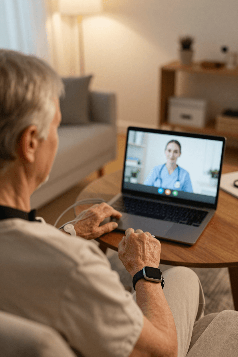 Elderly person having a video call with a healthcare professional on a laptop in a cozy living room setting.