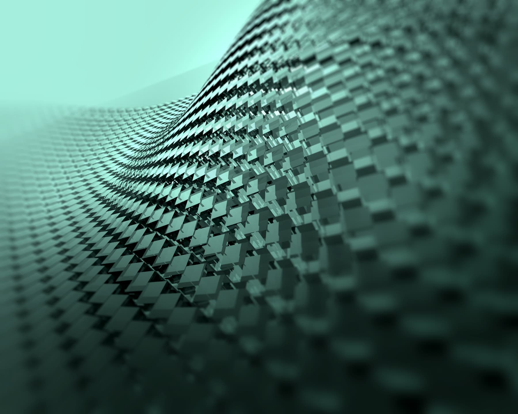 Abstract image of a wavy surface covered in reflective, green-tinted, square tiles, creating a textured, futuristic appearance.