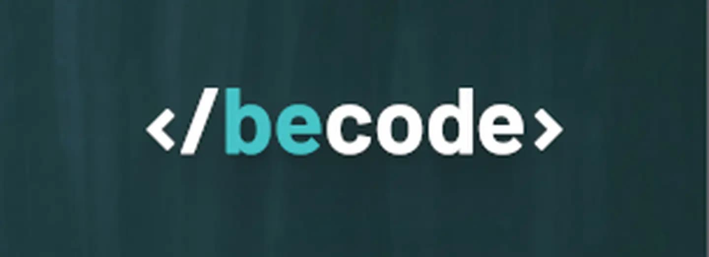 The word "becode" styled as an HTML tag, with "be" in light blue and "code" in white, on a dark green background.
