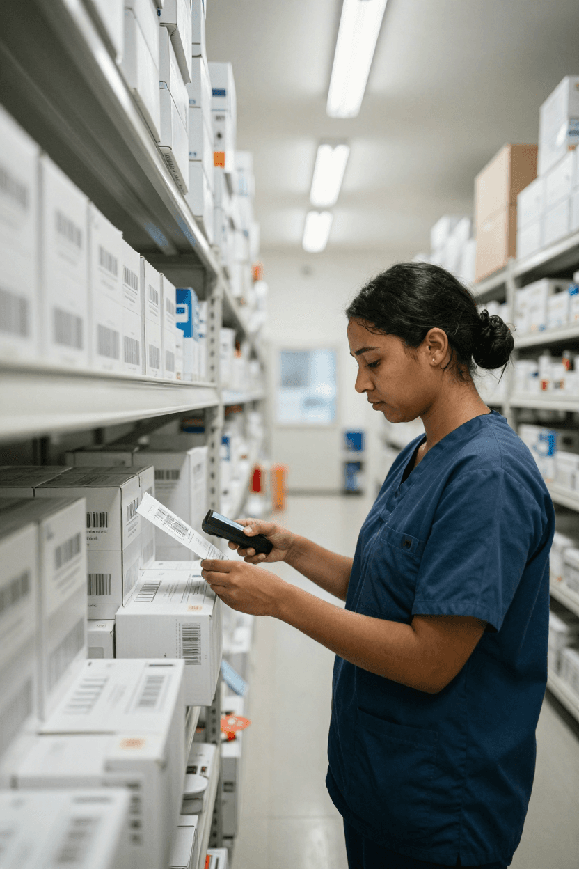 A healthcare worker in scrubs scans barcodes on boxes in a medical supply room with shelves lined with packages.