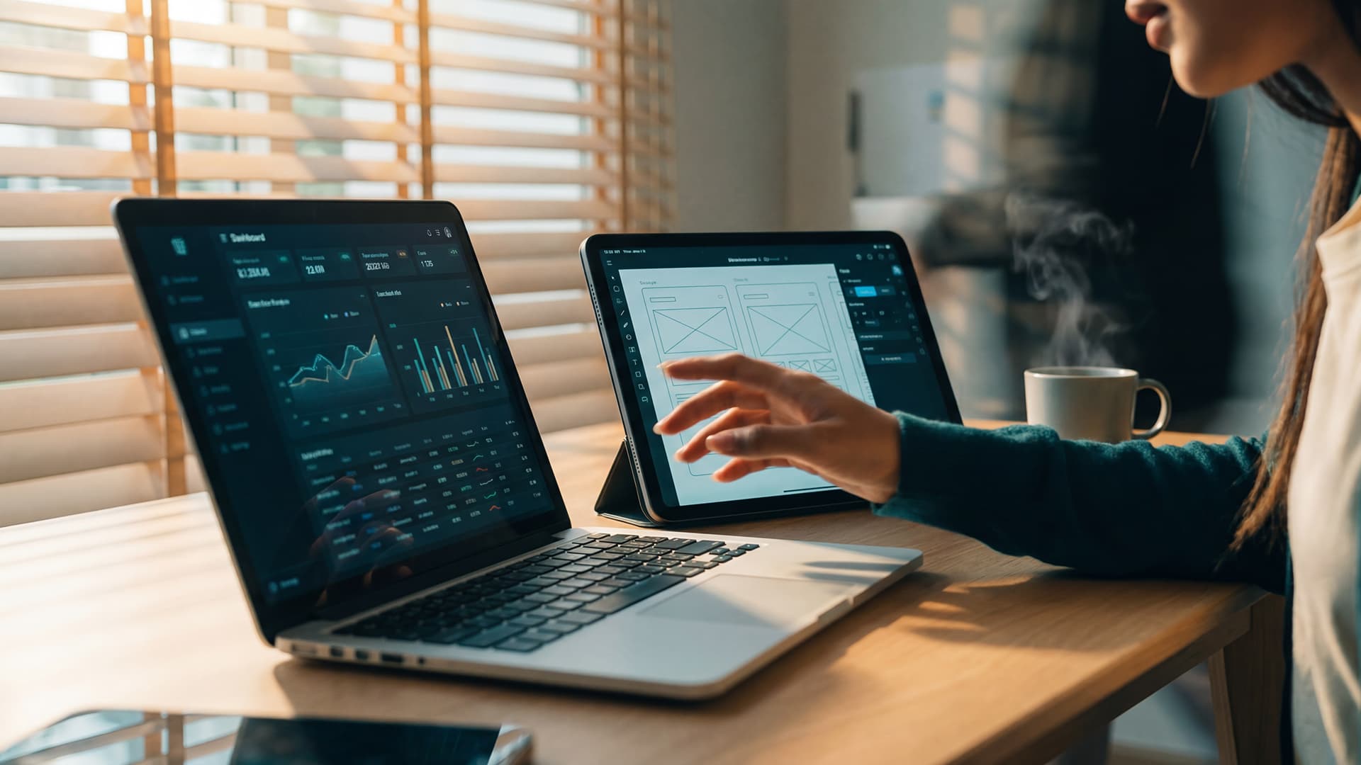 Person working at a desk with two laptops displaying data analytics and design tools, next to a steaming cup of coffee.