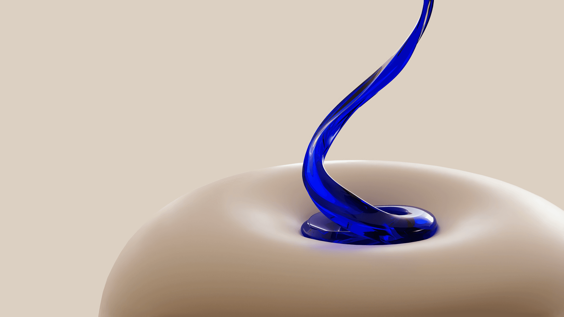 A glossy blue liquid swirl on a smooth beige surface, creating a dynamic and elegant visual contrast.