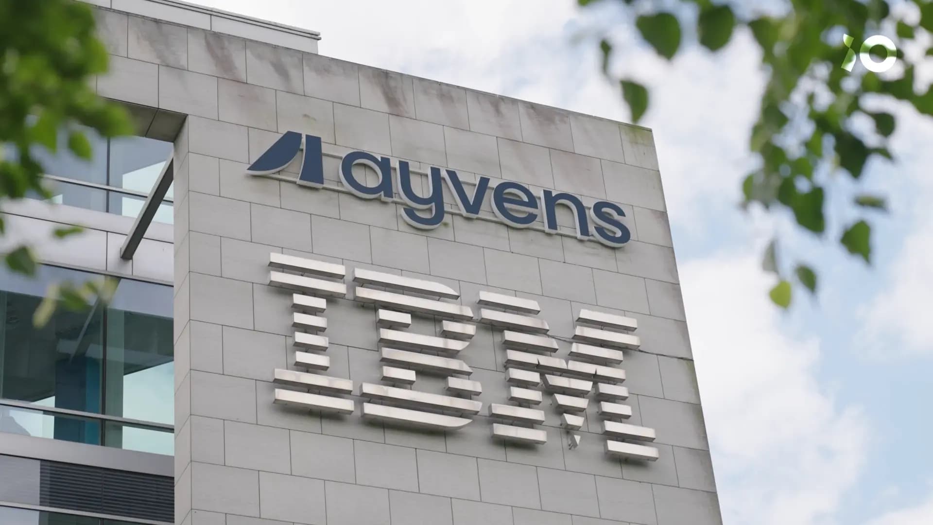 Building facade with "Ayvens" and "IBM" logos, set against a blue sky and leafy branch.