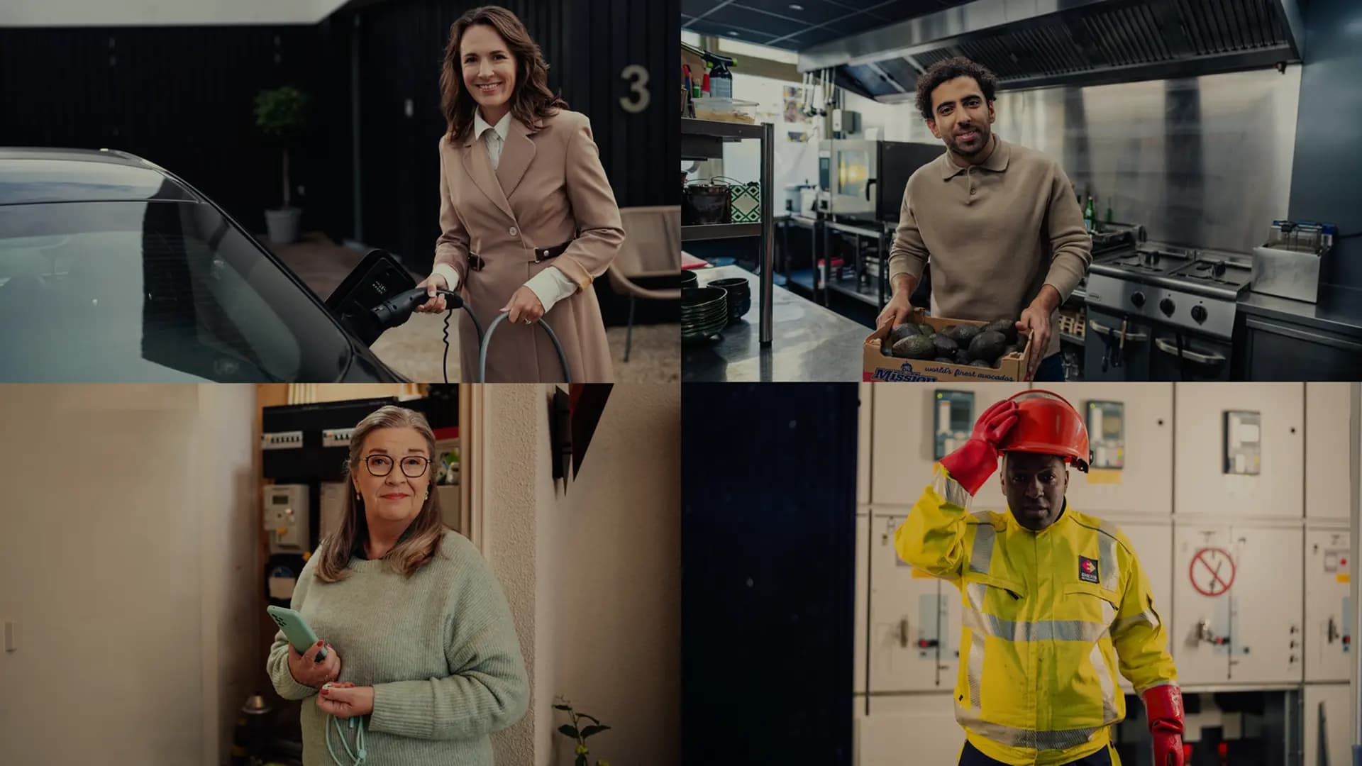 A collage of four professionals: a woman charging a car, a man with avocados in a kitchen, a woman with a phone, and a man in safety gear.