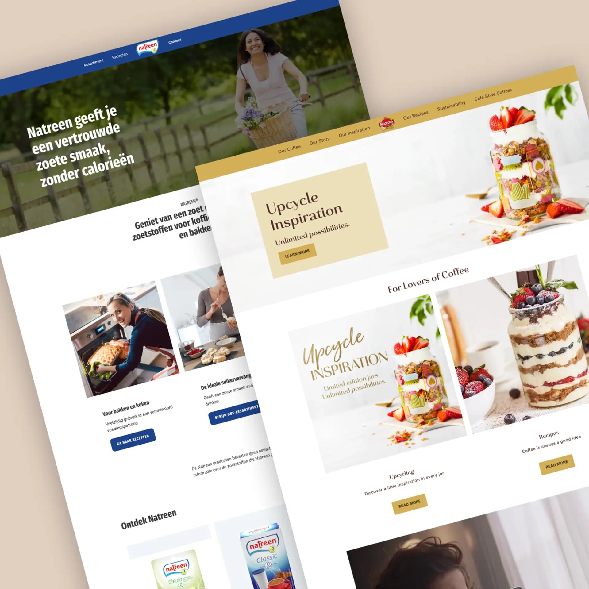 Two overlapping website designs; one promotes low-calorie sweeteners, the other features coffee recipes and upcycling inspiration with dessert images.