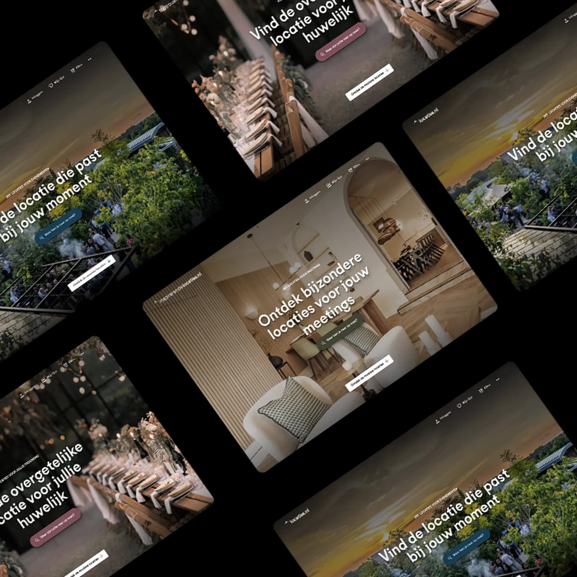 Collage of website screenshots featuring scenic venues, weddings, and meeting spaces with Dutch text promoting event locations.
