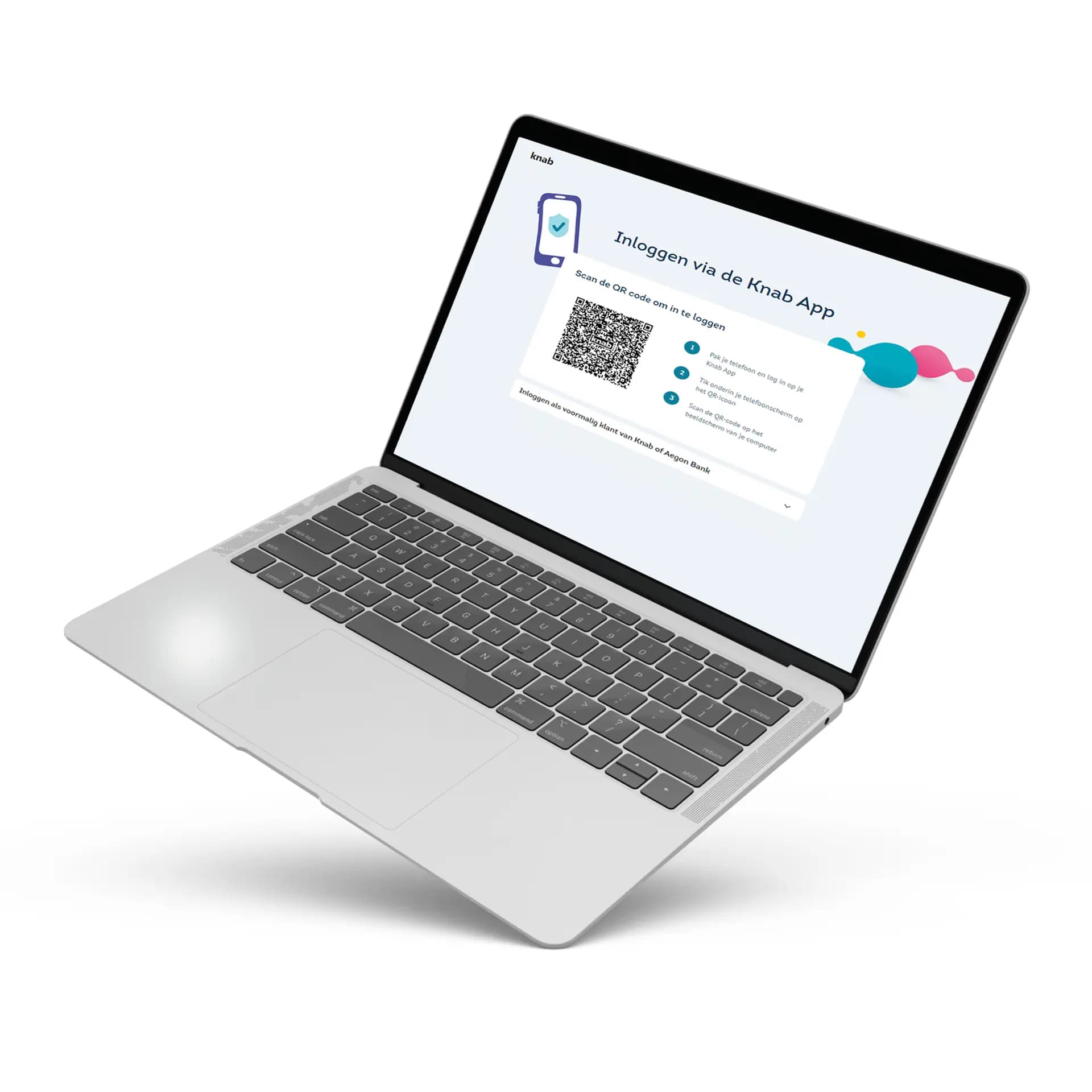 Open laptop showing a login screen for the Knab App with a QR code for scanning.