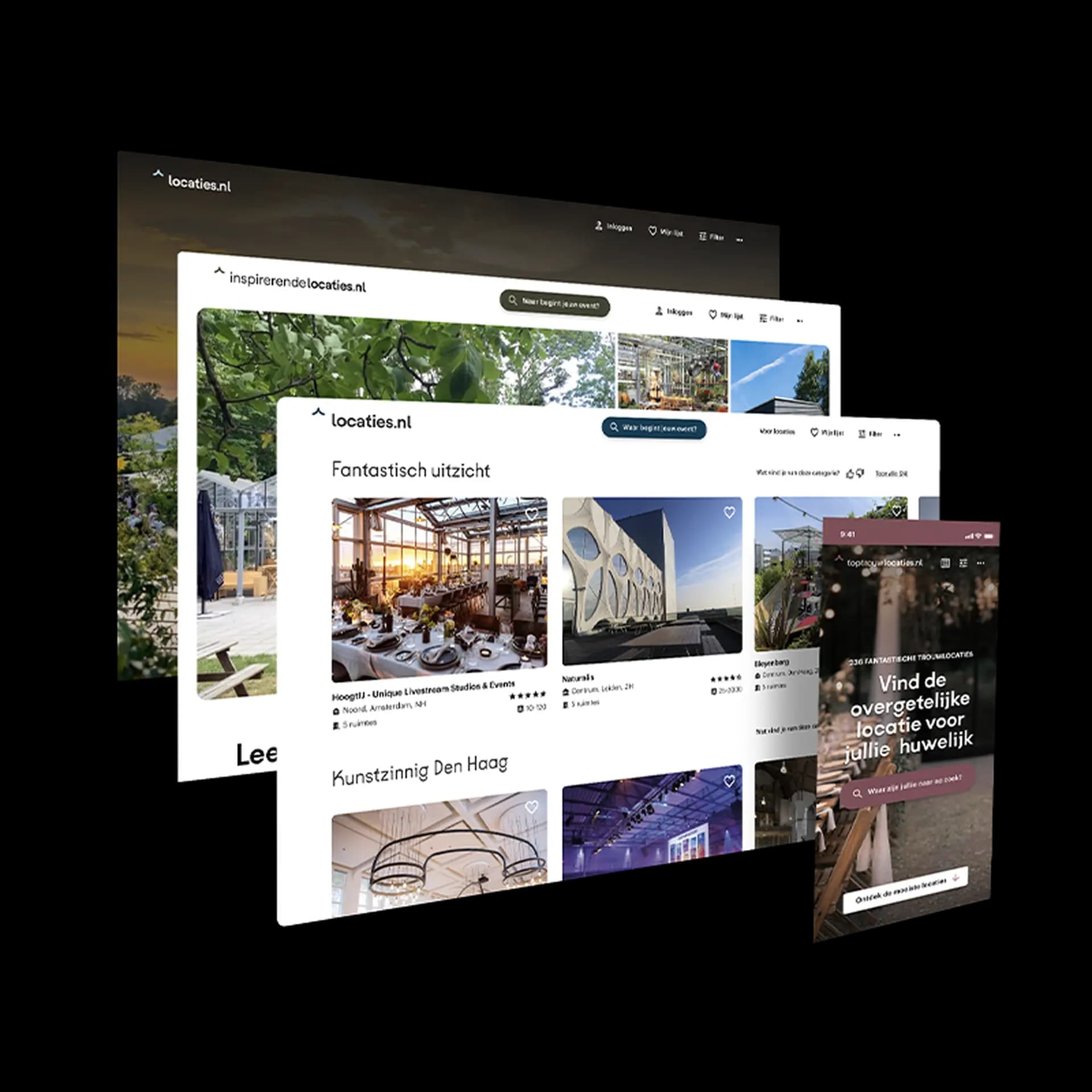 A layered display of website interfaces for locaties.nl featuring venue images and a mobile screen with Dutch text about wedding locations.