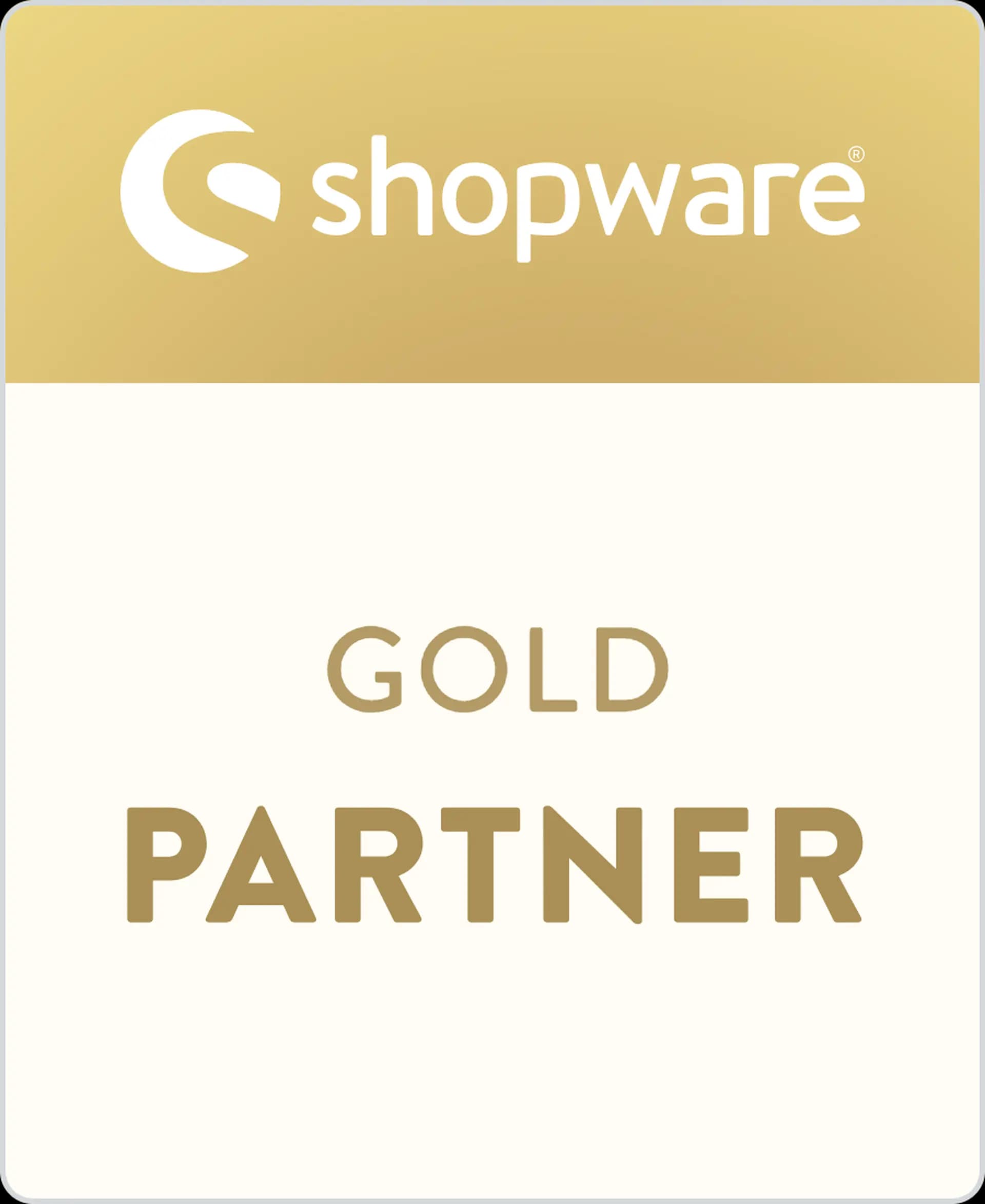 Shopware Gold Partner badge with a gold and white design.