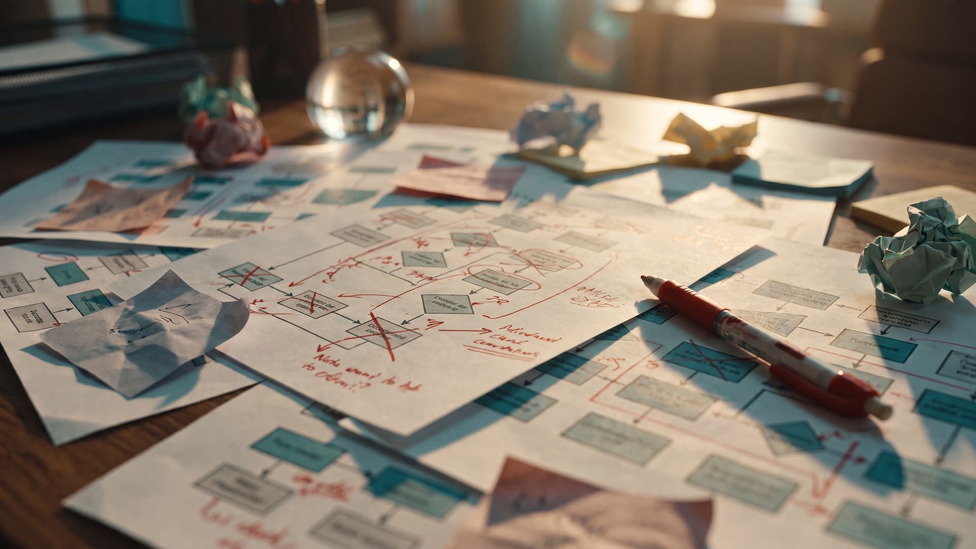 Papers with flowcharts, sticky notes, and a red pen scattered on a desk, illuminated by warm sunlight.