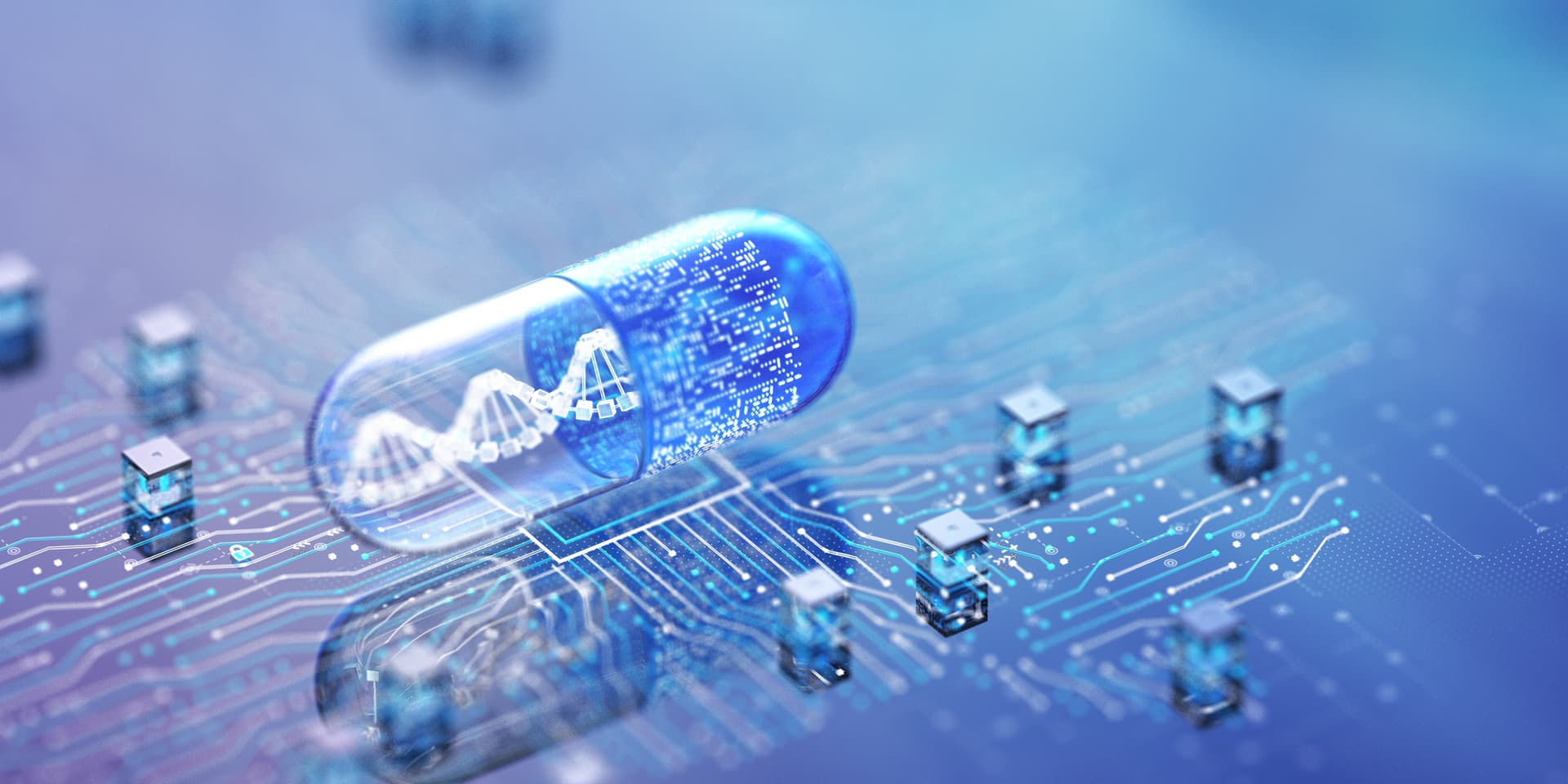 A digital capsule containing a DNA helix rests on a glowing circuit board, symbolizing the fusion of technology and biotechnology.