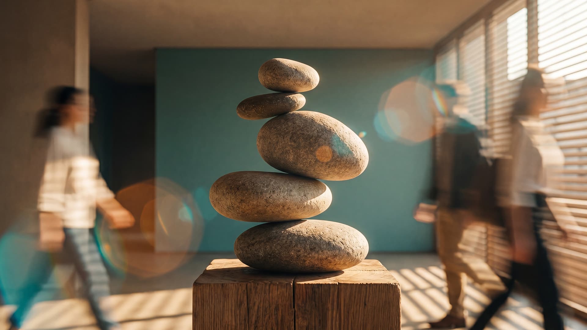 Stacked pebbles on a wooden block in soft focus. Two blurred figures walk past in a sunlit room with louvered windows.