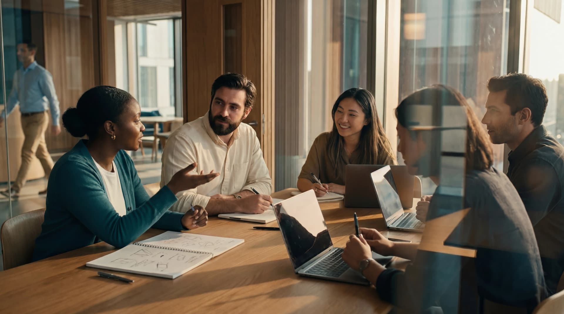 A diverse group of six people engaged in a discussion around a table with laptops and notes in a modern office with large windows.