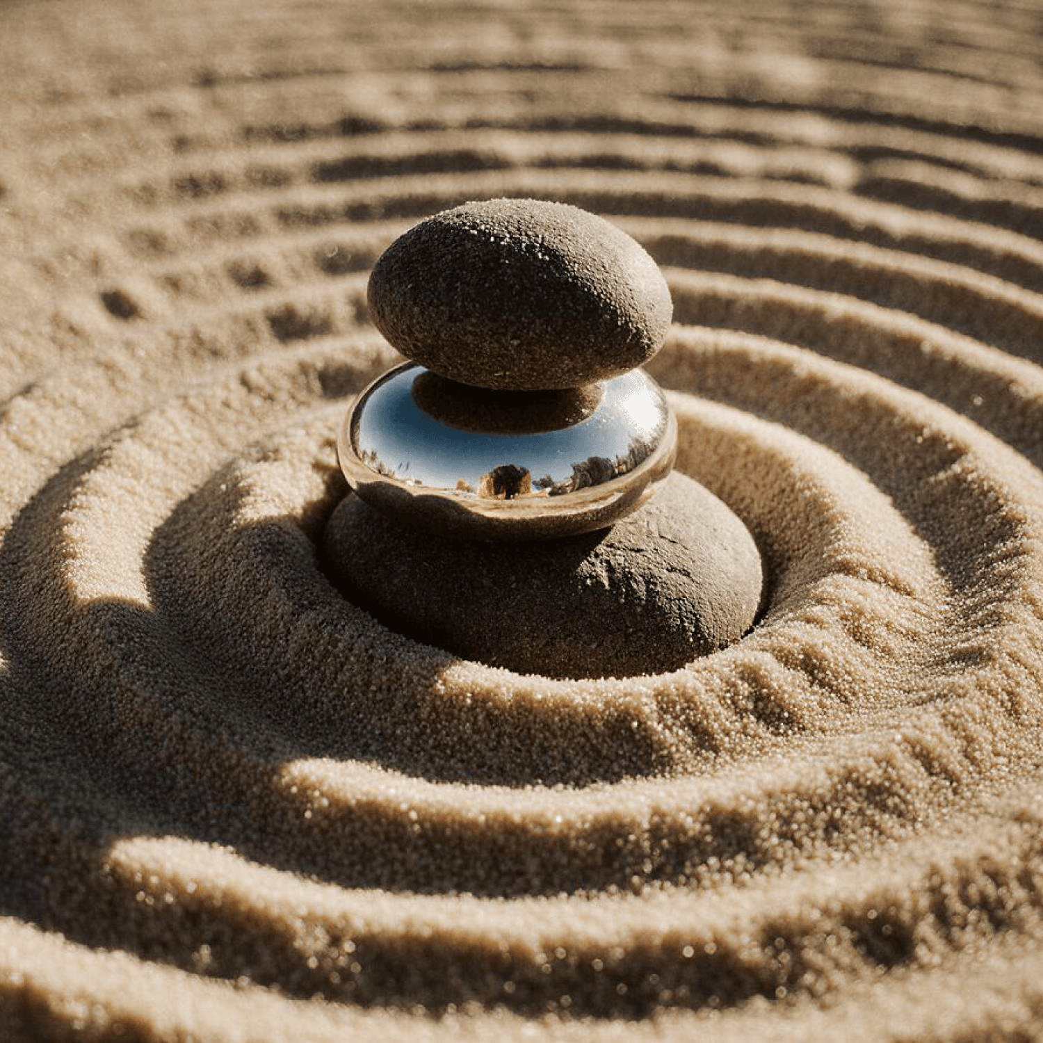 Zen garden with concentric sand circles and stacked stones, including a reflective metal sphere, under natural sunlight.
