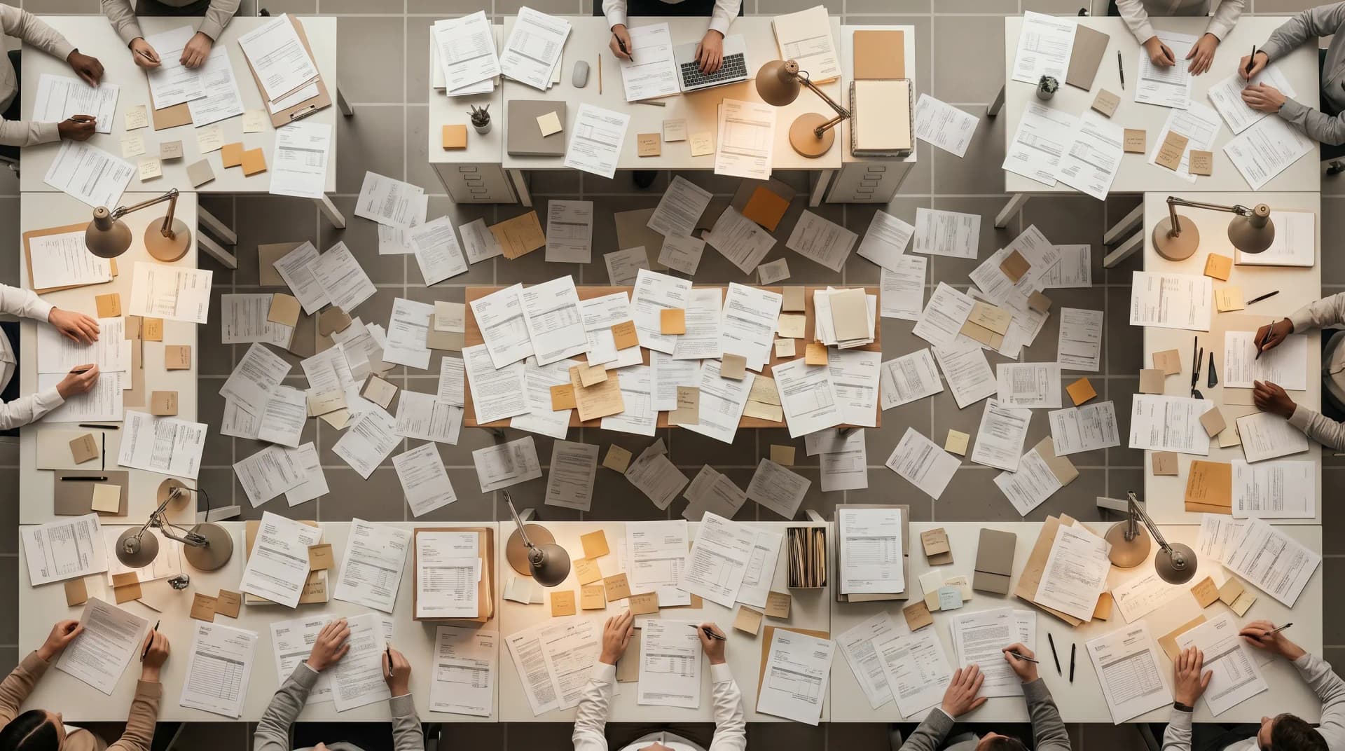 Overhead view of busy office desks with scattered documents, notebooks, and people working diligently with lamps illuminating the workspace.
