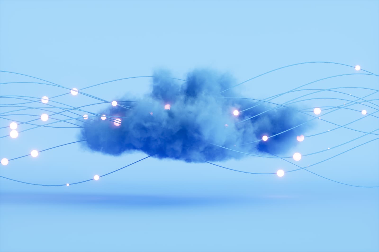 A fluffy cloud surrounded by glowing orbs and blue lines, set against a light blue background, creating a digital and ethereal feel.