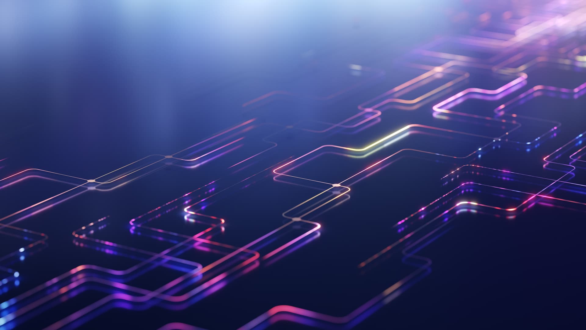 Futuristic abstract design with glowing neon lines in shades of purple, blue, and pink on a dark background, resembling a circuit board pattern.