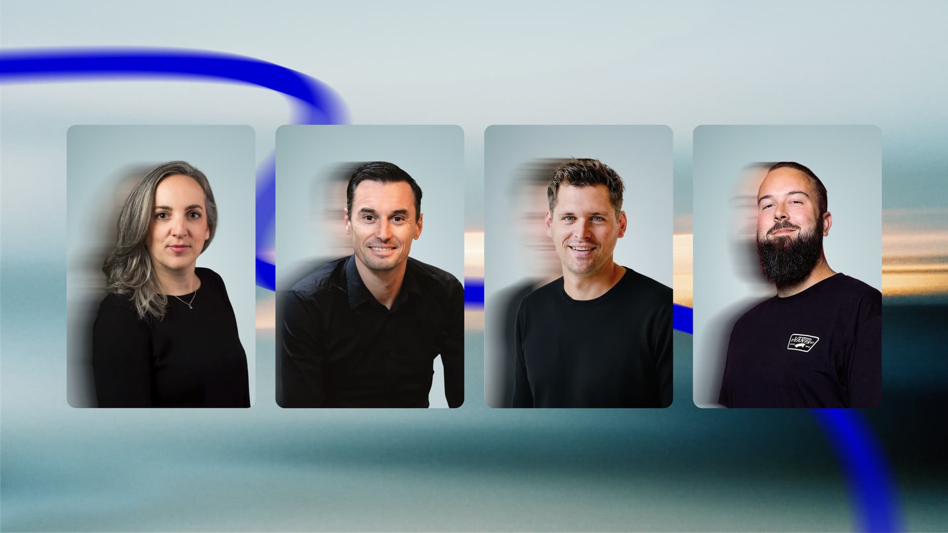 Four people are smiling in individual portrait frames over a blurred blue and beige background, with a bold blue line running across.