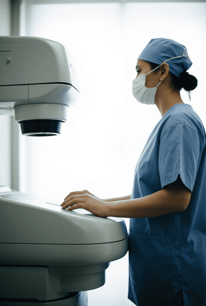 A healthcare worker in blue scrubs and a mask operates a medical imaging machine in a hospital setting.