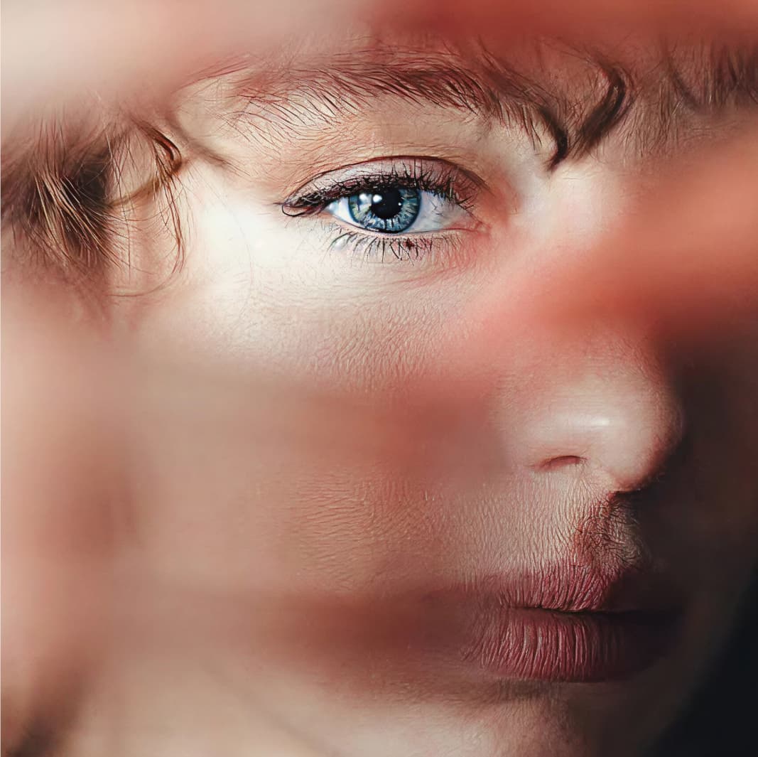 Close-up of a person's face partially obscured by a blurred foreground, focusing on a blue eye and soft facial features.