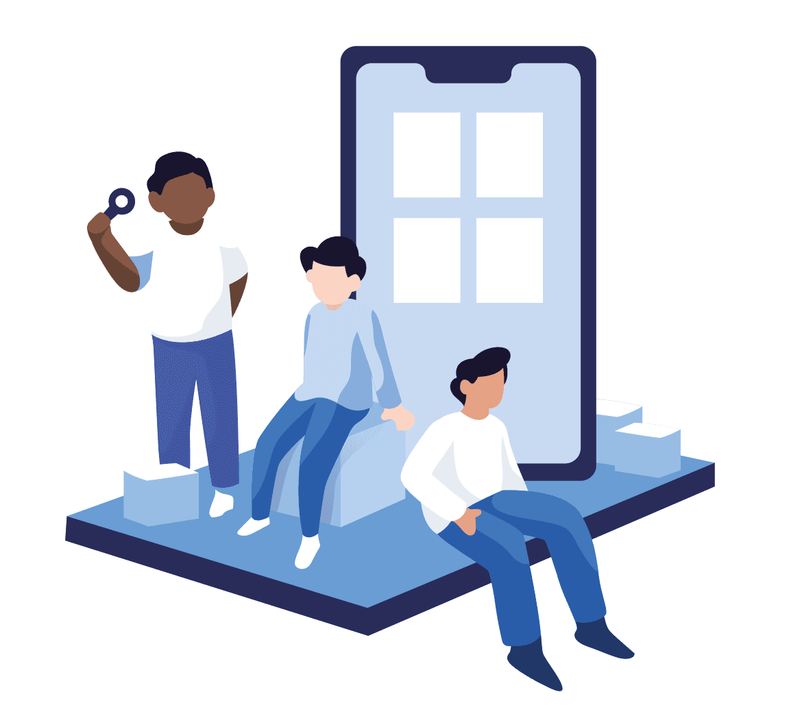 Three people in front of a large smartphone illustration; one is holding a magnifying glass, while two are sitting on a platform.