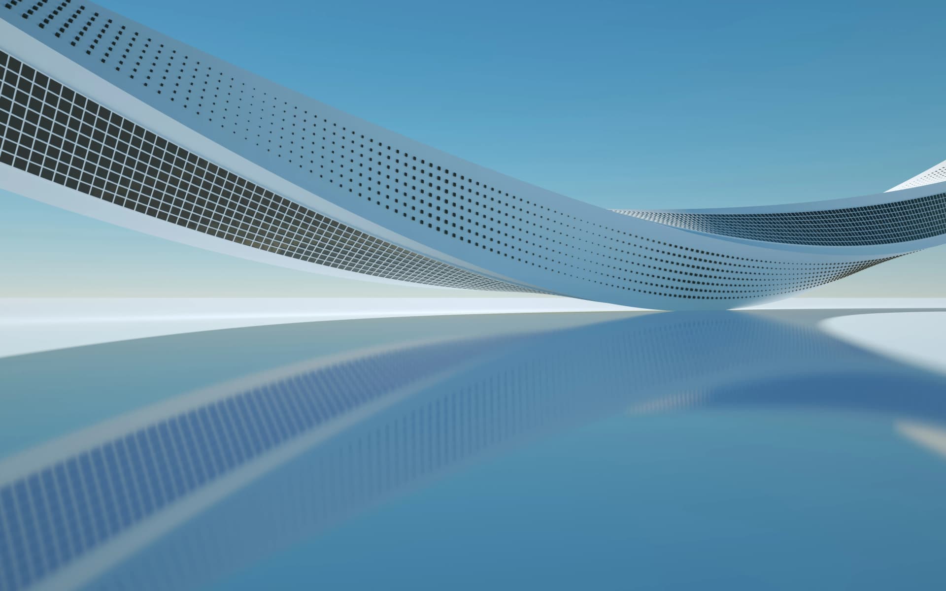 A futuristic curved structure with a perforated surface reflecting on a smooth, mirrored ground against a clear blue sky.