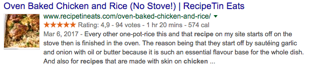 Screenshot snippet van recepten op Google