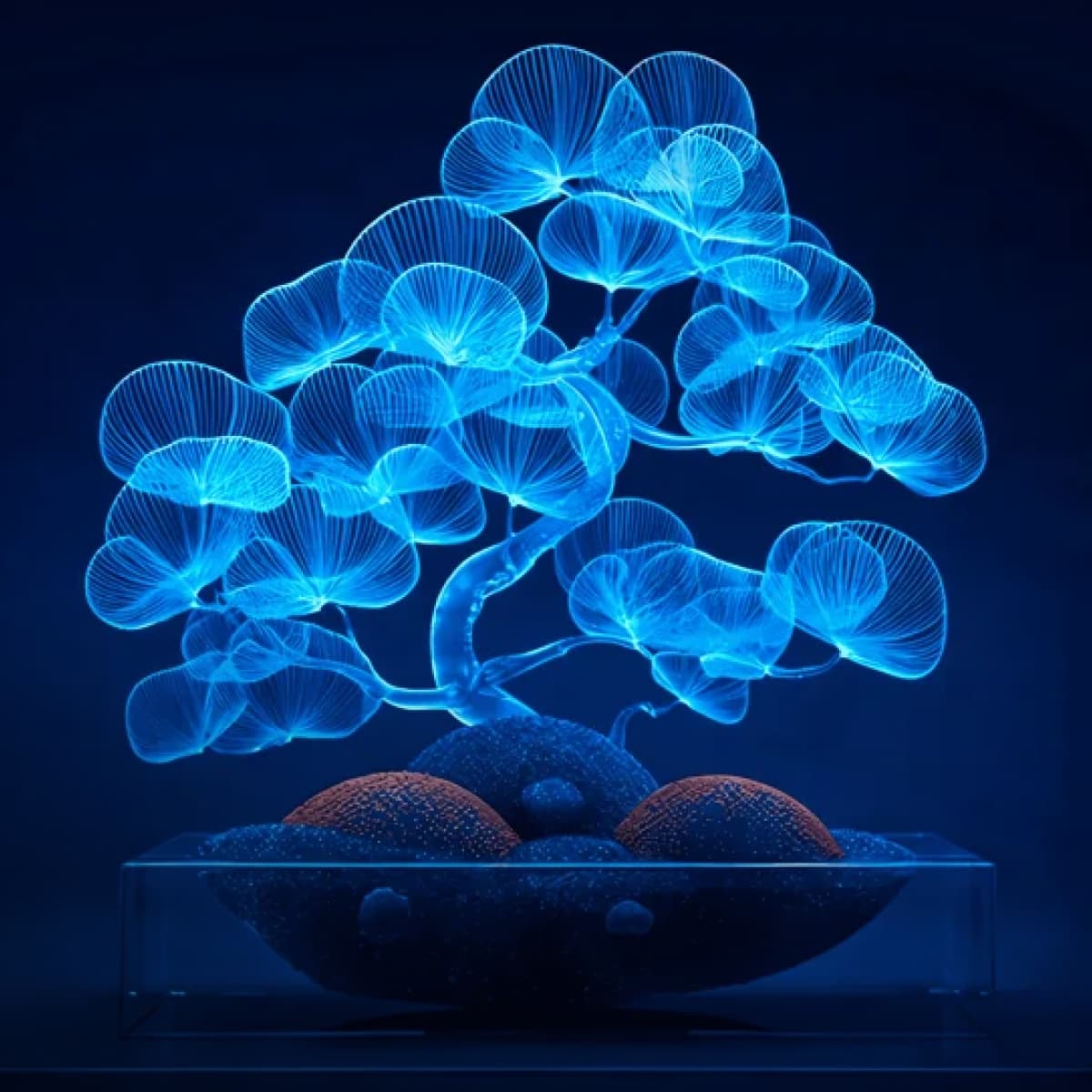 A glowing blue tree sculpture with intricate, translucent leaves and a textured base, set against a dark background.