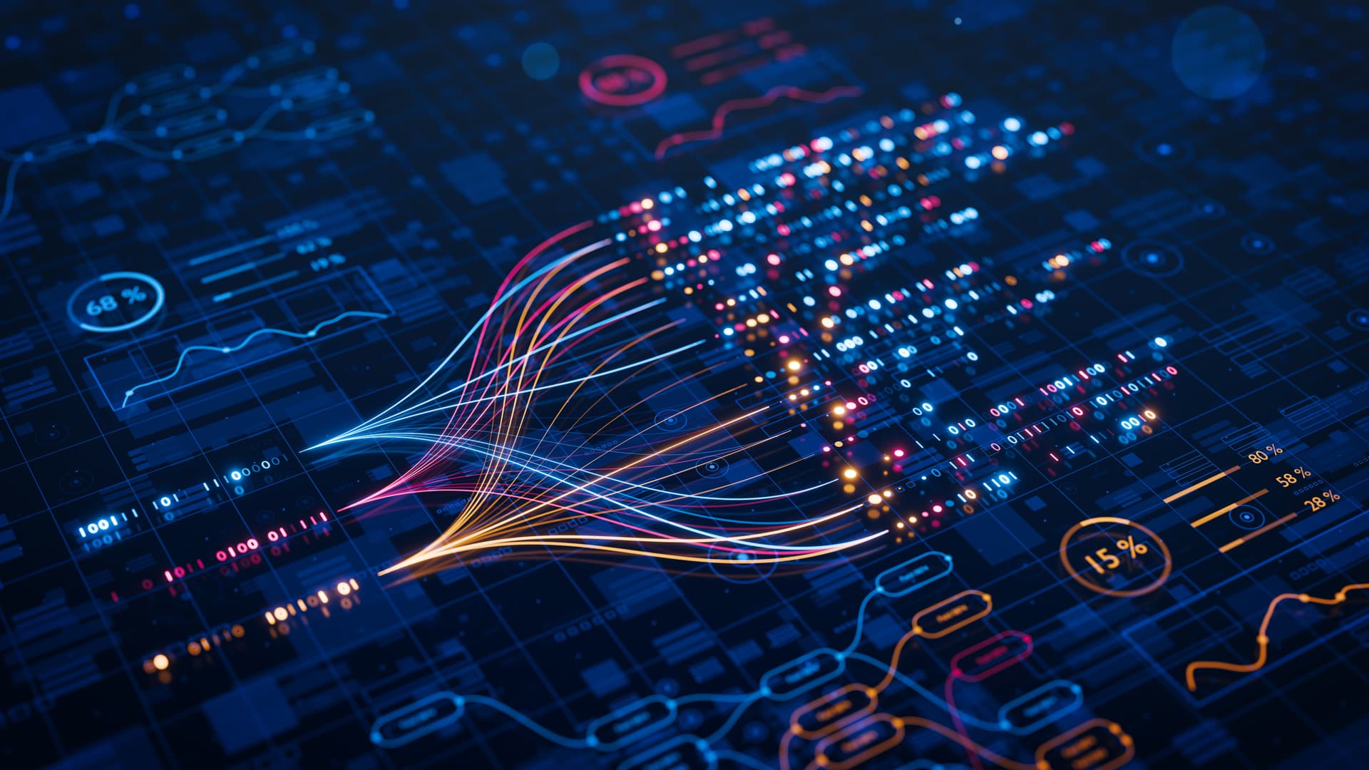 Abstract digital visualization of data flows with colorful lines connecting graphs and percentages, representing data analysis and technology.