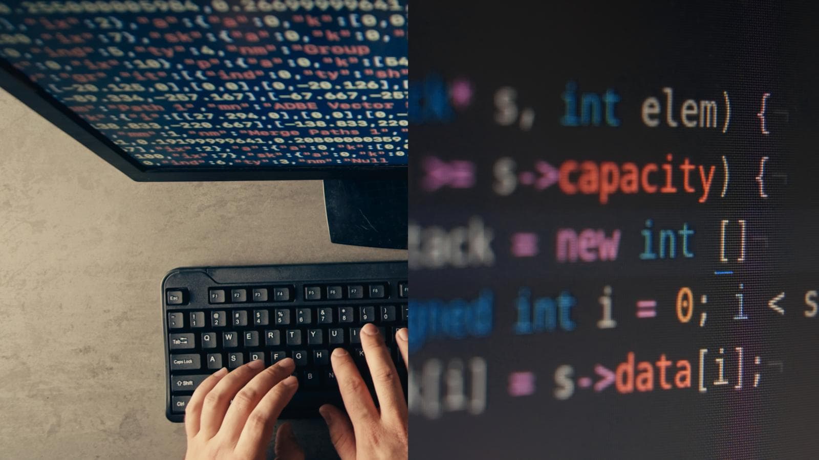 Close-up of a person typing on a keyboard and a computer screen displaying colorful code lines.