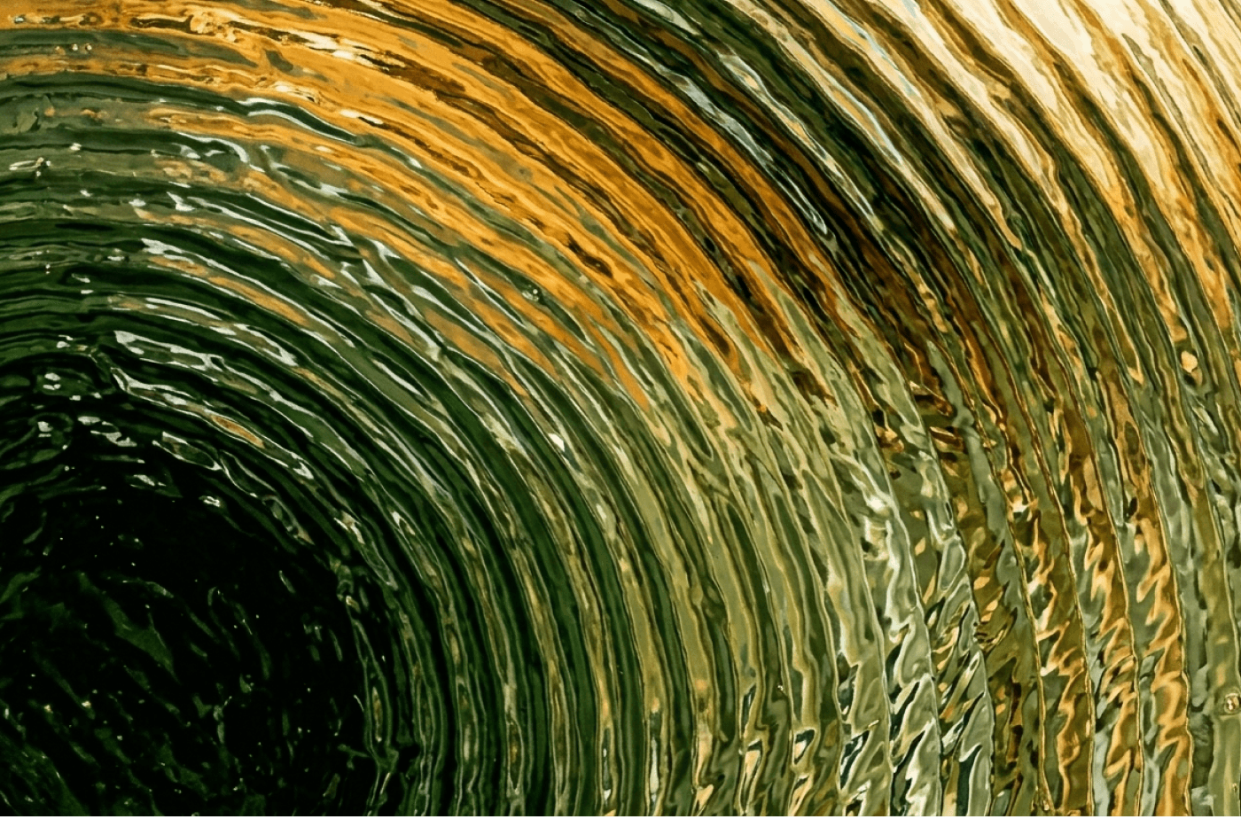 Abstract image of swirling concentric patterns in shades of green and brown, resembling rippling water or a whirlpool effect.
