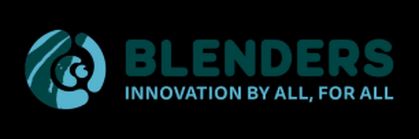 Teal logo for "Blenders" with the slogan "Innovation by All, For All" and abstract design elements.