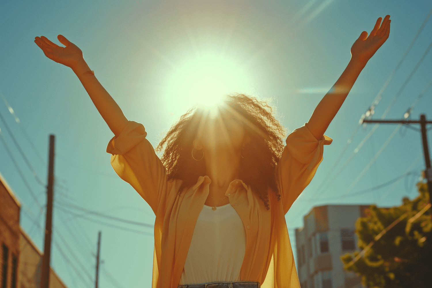 A person stands with arms raised towards the sun in a bright, warm outdoor setting, with sun rays creating a halo effect around their head.