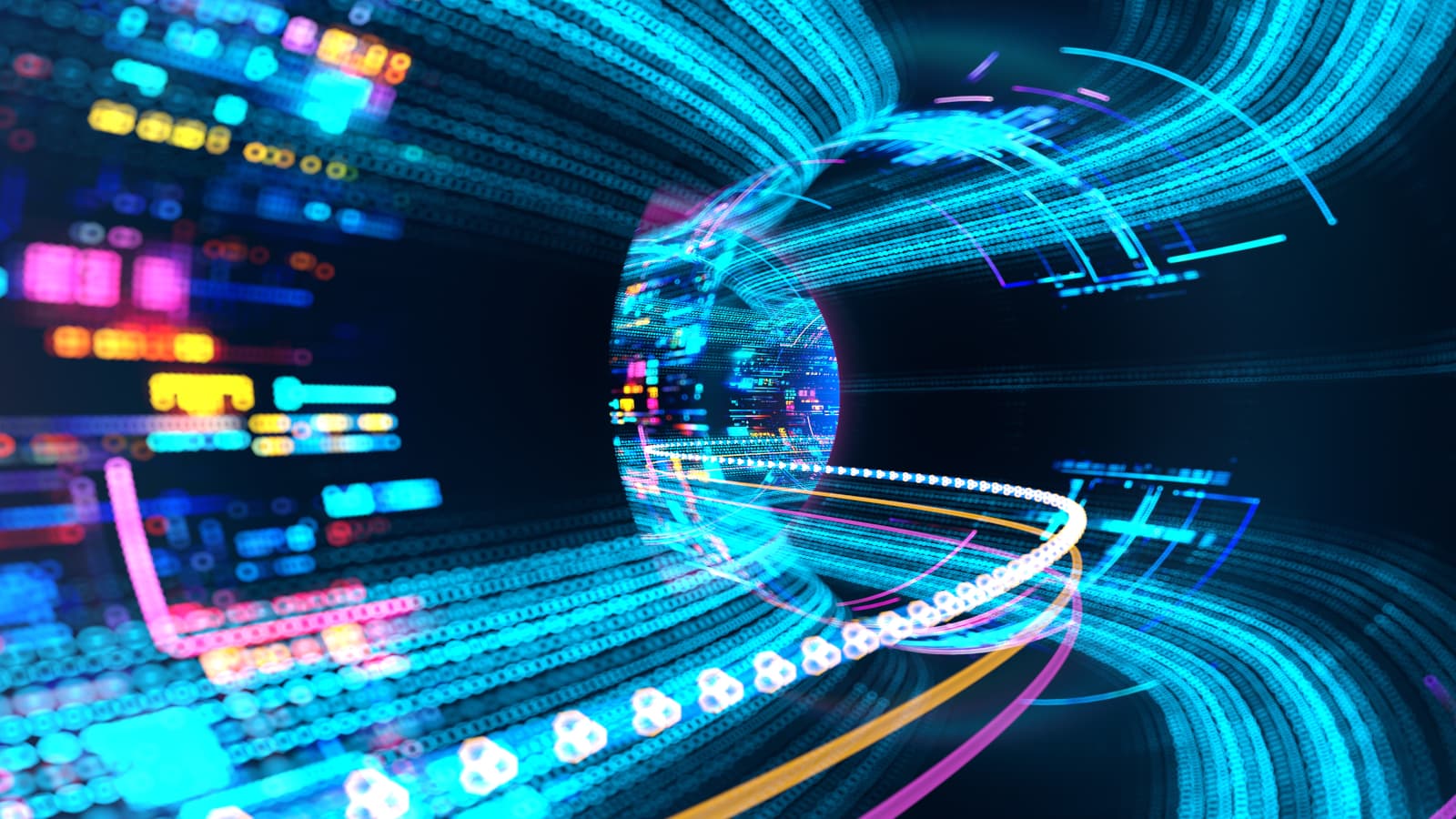 Abstract image of a digital tunnel with vibrant blue and multicolored lights, resembling data streams or futuristic technology.