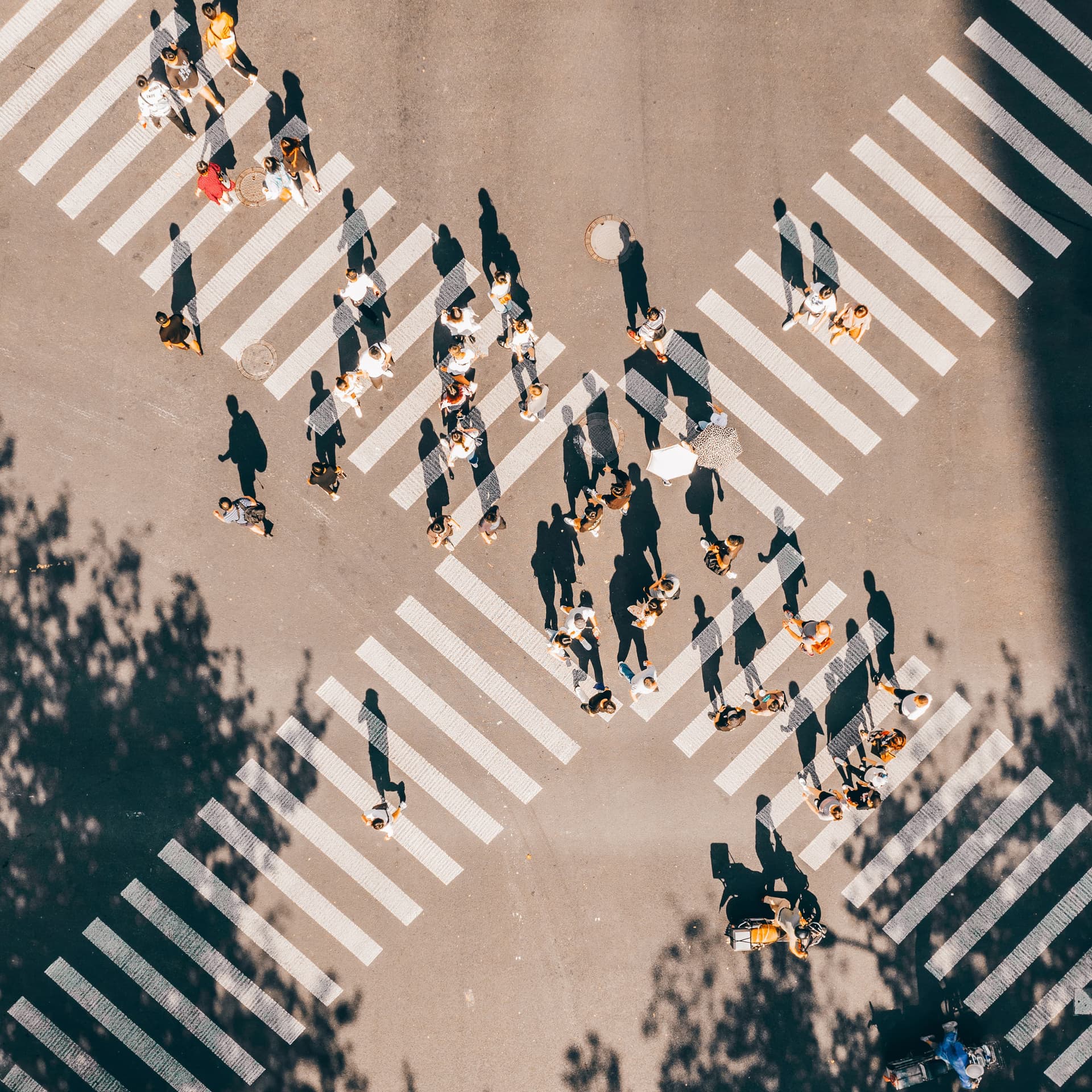 Aerial view of a busy crosswalk with people crossing in different directions, casting long shadows on the sunlit street.