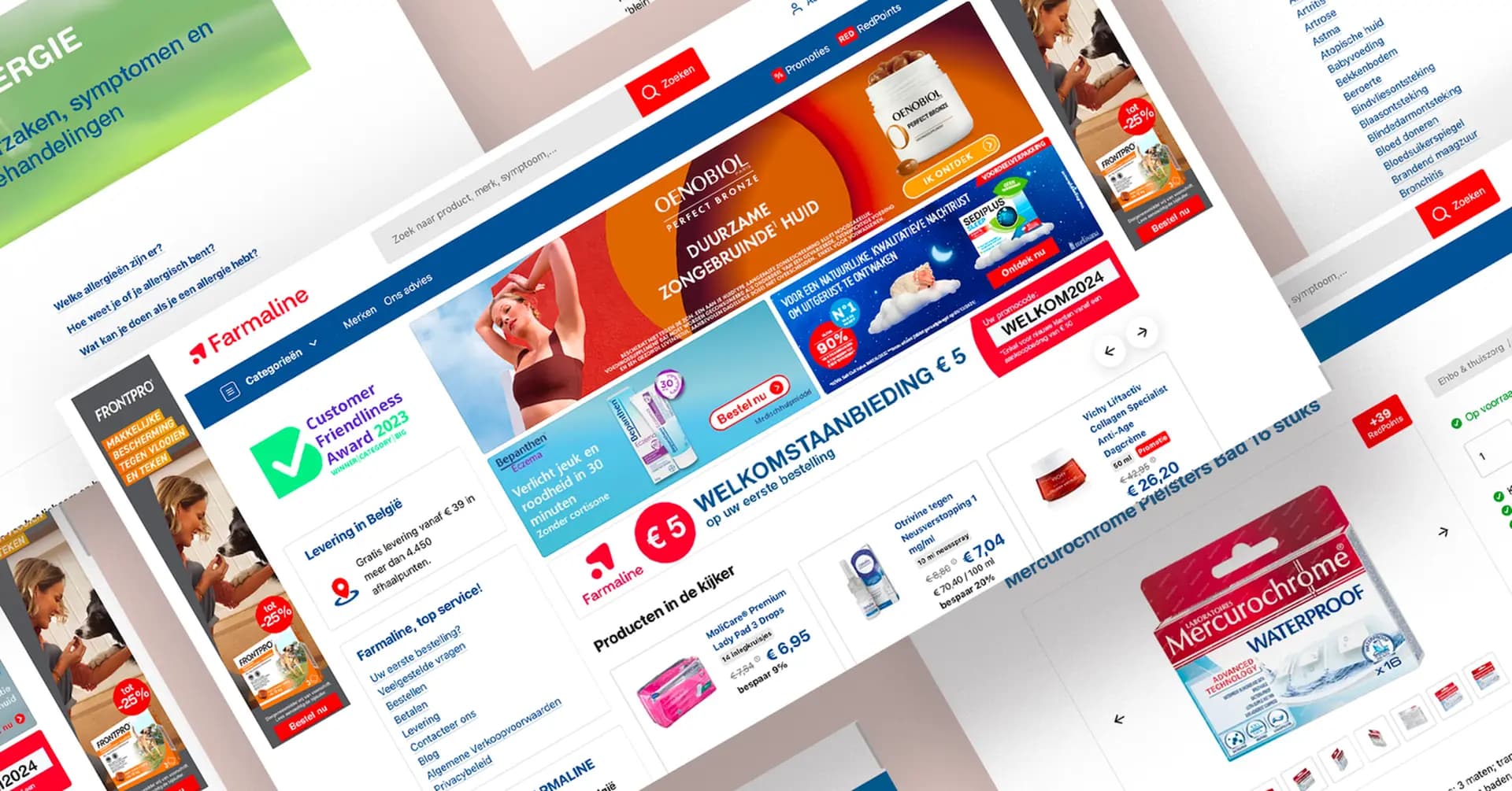 Online pharmacy website displaying various healthcare products, promotional offers, and customer service information, with a focus on beauty and hygiene.