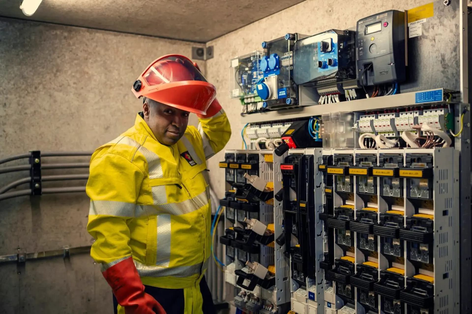 Worker in yellow protective gear adjusts helmet near electrical panels.