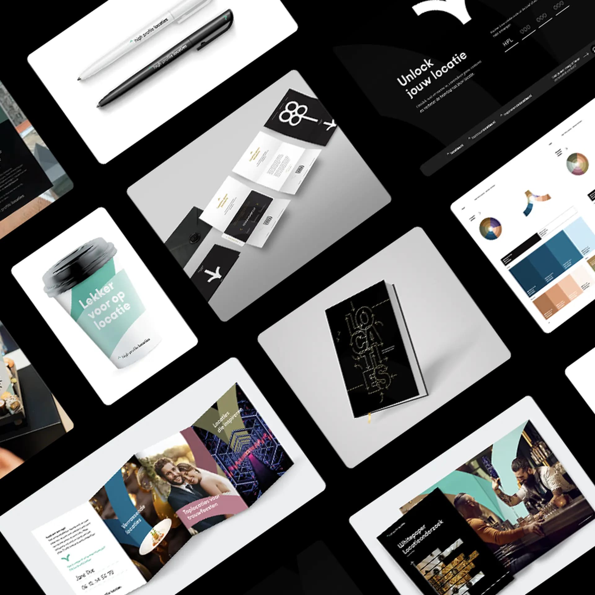 A collage of marketing materials including booklets, pens, a coffee cup, and digital interface displays, arranged on a black background.