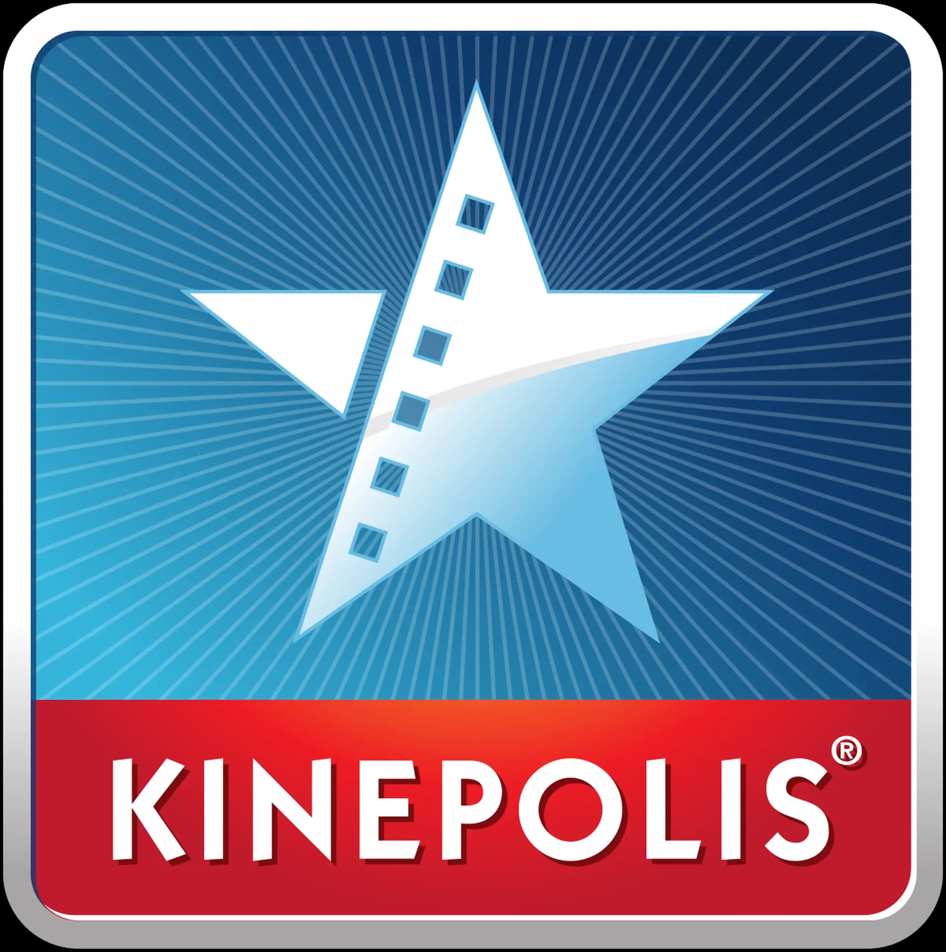 Logo with a stylized star and film strip against a blue radial background, with "KINEPOLIS" in bold white letters on a red banner below.