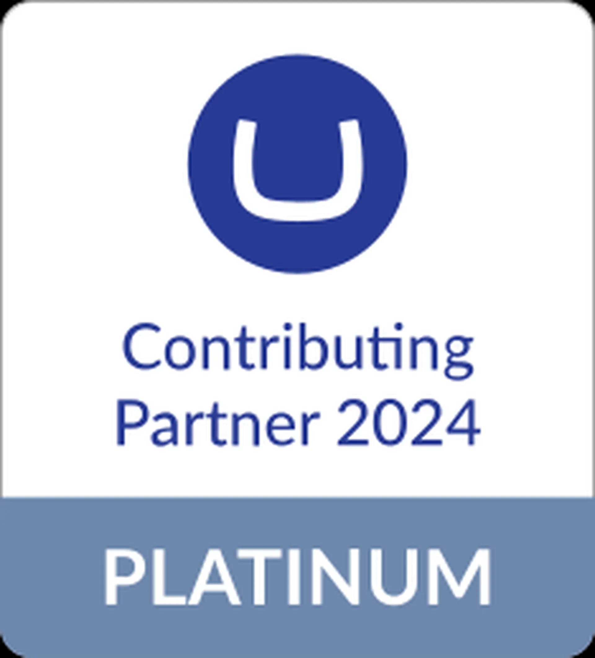 Platinum badge for Contributing Partner 2024 with a blue "U" symbol on a white and blue background.