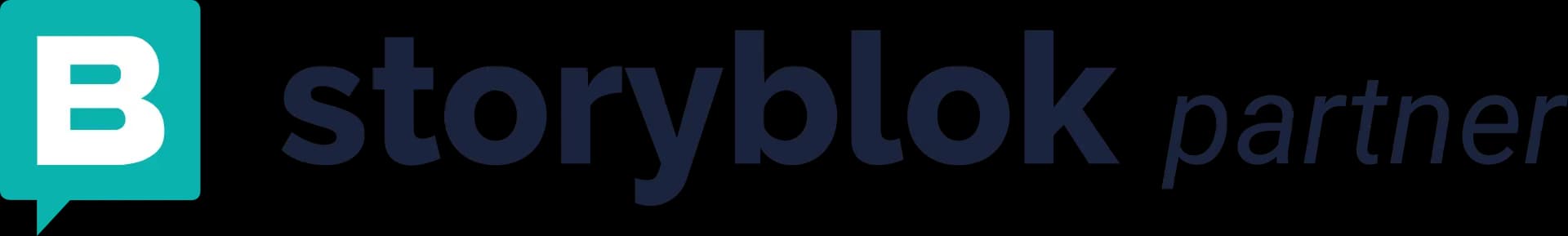 The image shows the Storyblok Partner logo with "B" in a teal speech bubble and "storyblok partner" in dark blue text.