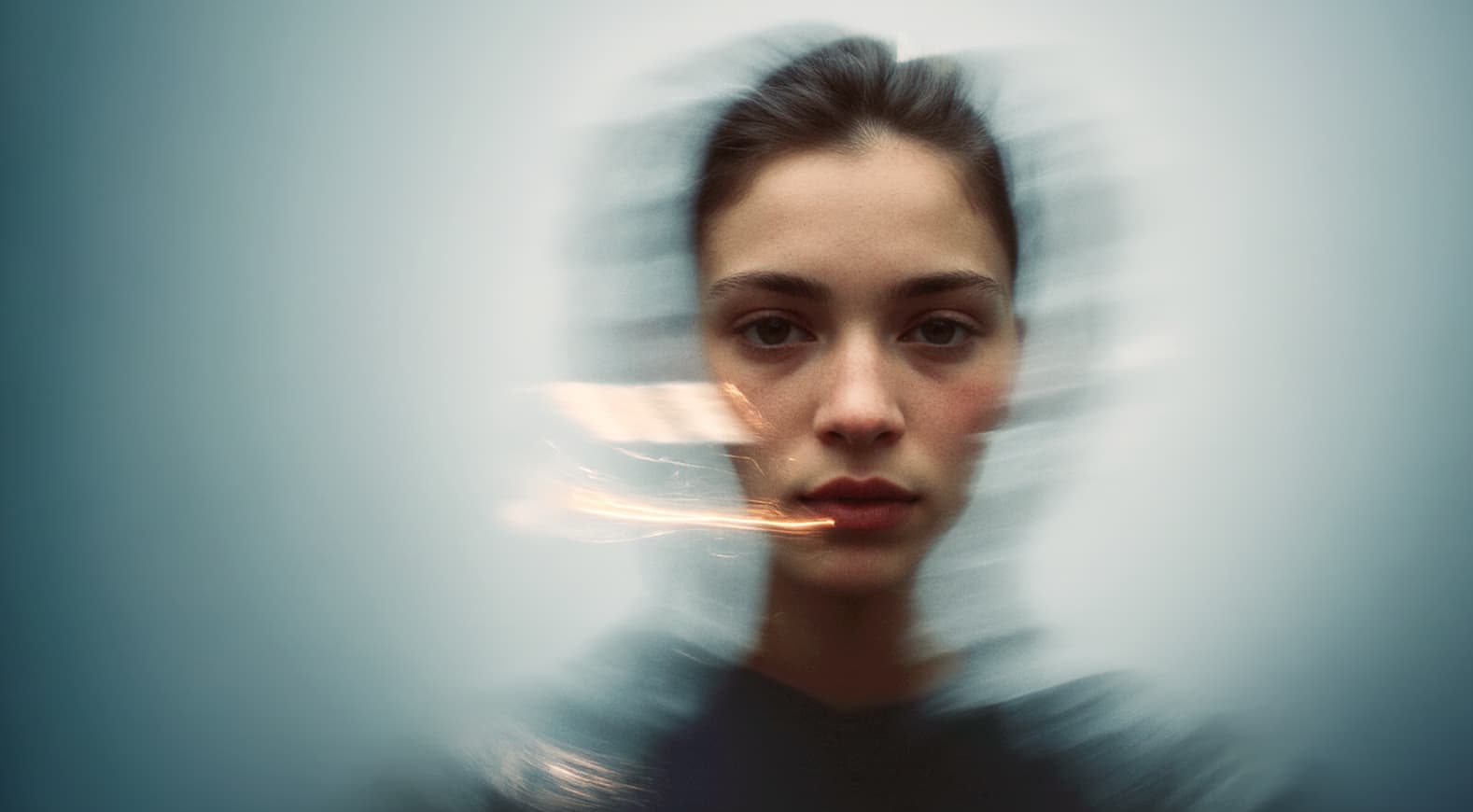 A woman with a blurred, dynamic effect surrounding her face, creating a sense of motion. She has a neutral expression against a soft blue background.