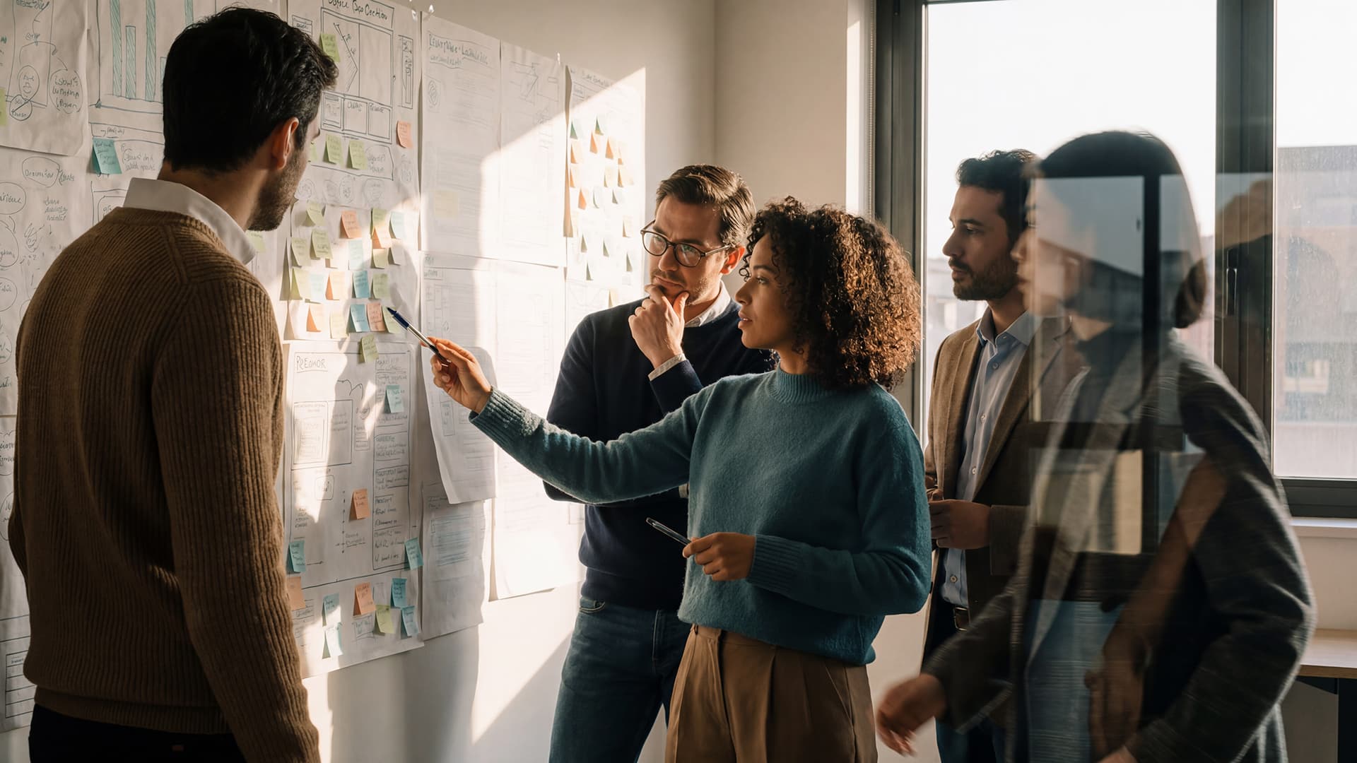 A team collaborates in an office, discussing ideas on a wall covered with papers and sticky notes, lit by sunlight through a window.