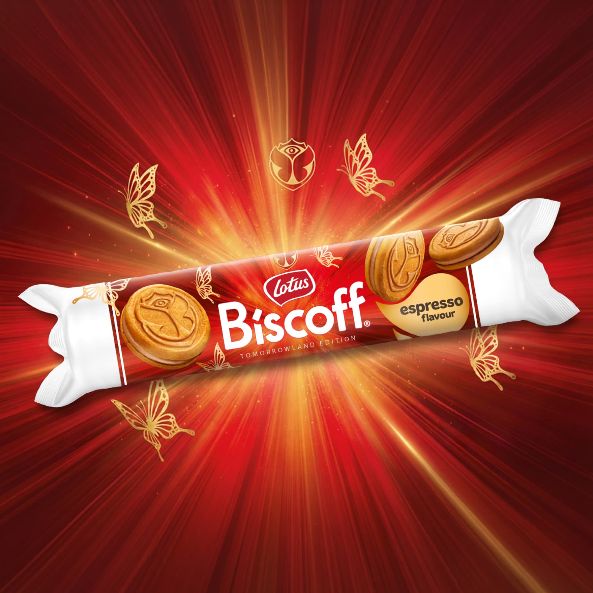 Lotus Biscoff Tomorrowland Edition, espresso flavor, with gold butterfly designs on a radiant red background.