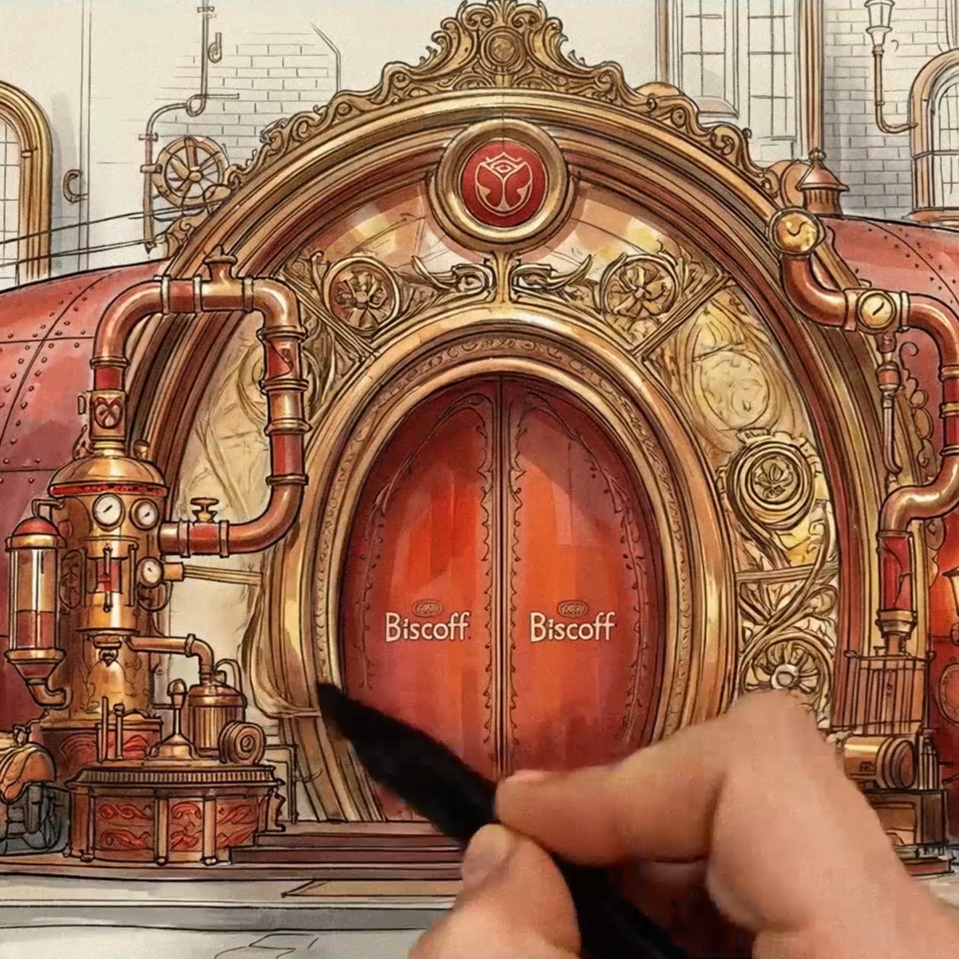An intricate steampunk-themed factory doorway with "Biscoff" on the doors, surrounded by ornate pipes and gears. A hand sketches in the foreground.