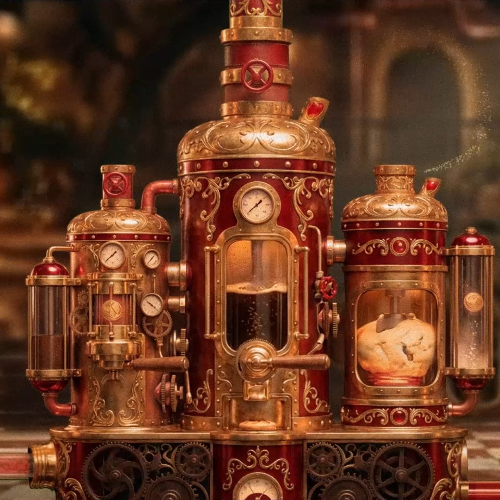 A steampunk-inspired machine with ornate, gold and red details, gauges, gears, and glass chambers, resembling a fantastical contraption.